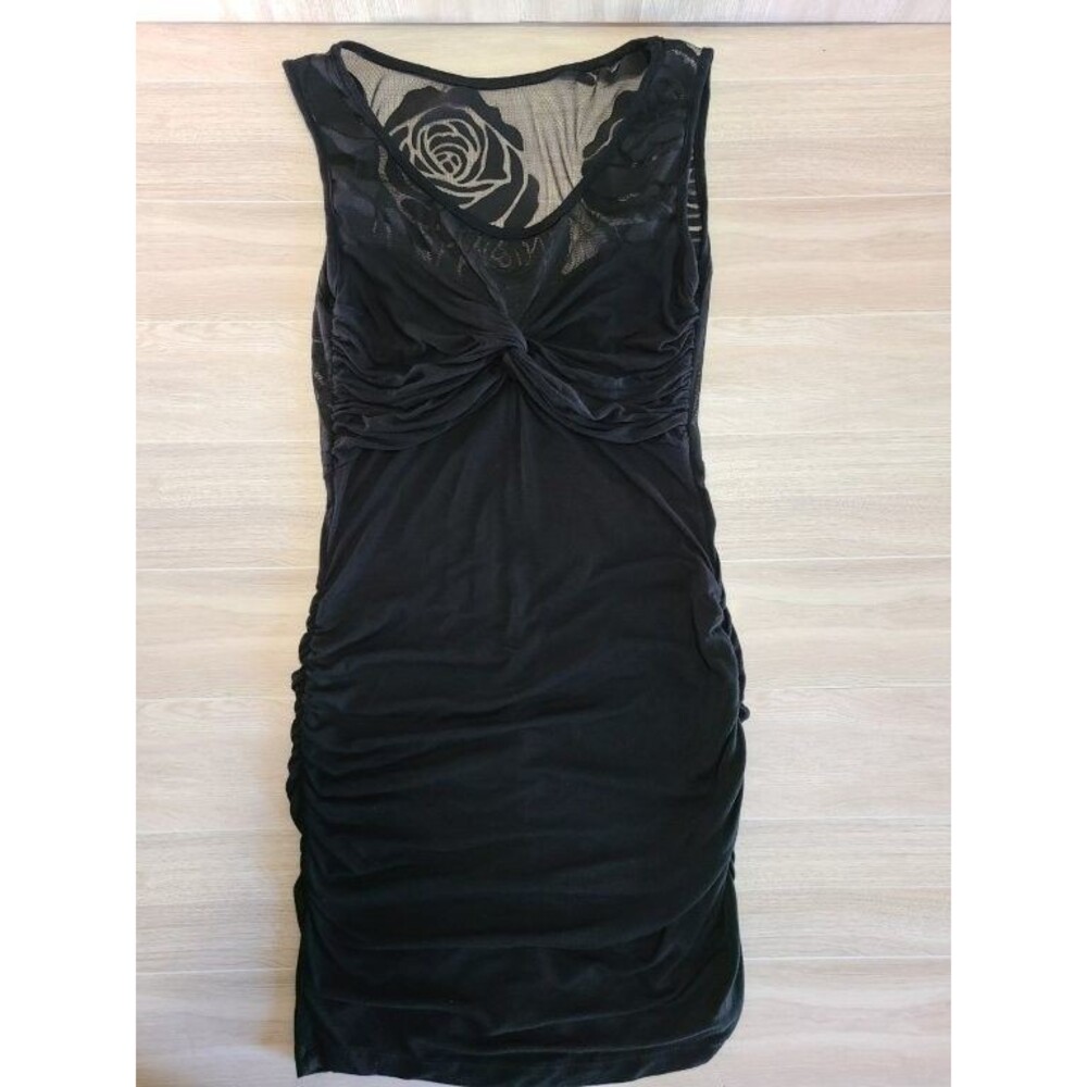 Papaya Womens Black Mesh Floral Rose Bodycon Dress Ruched Sleeveless Sheer Party